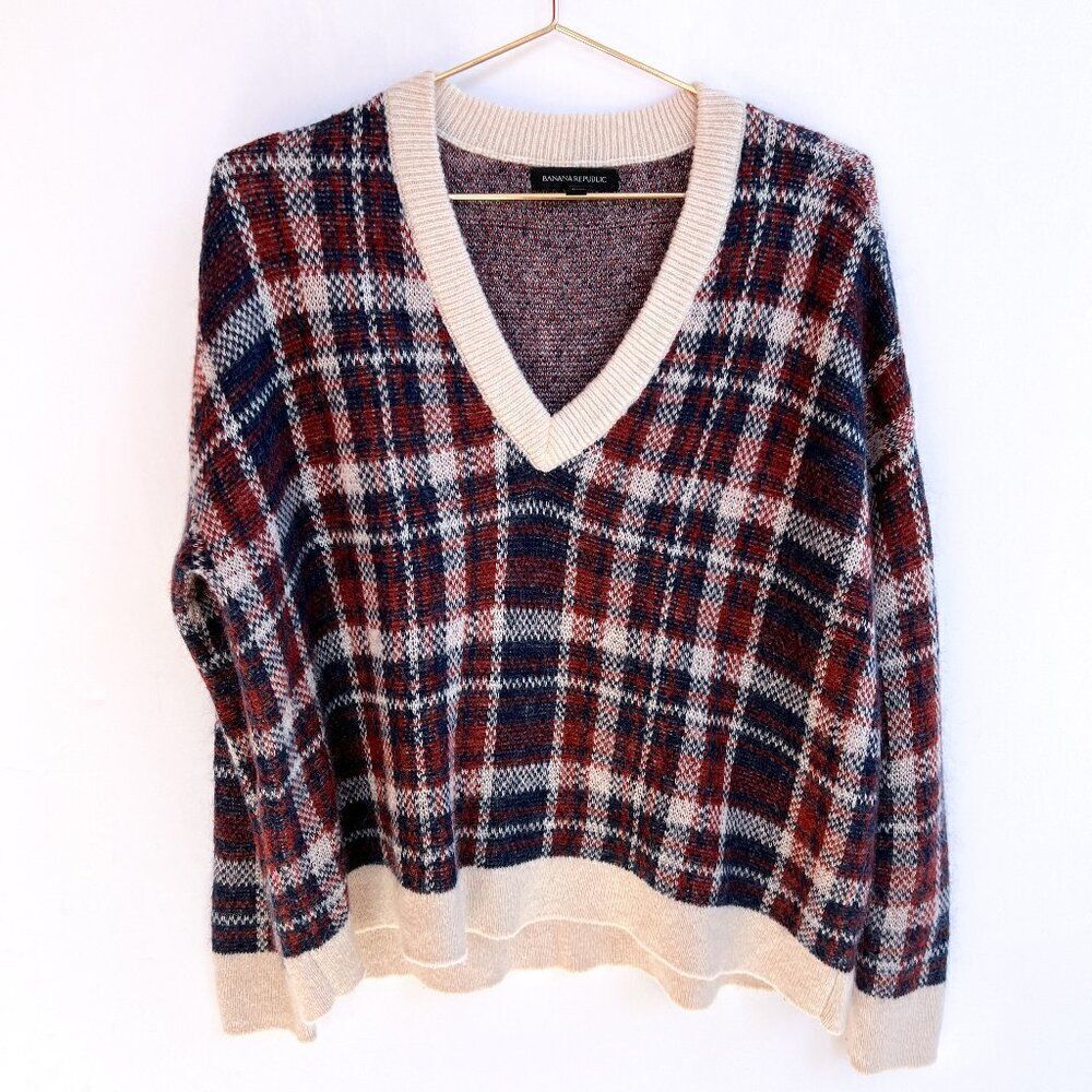 Banana Republic Orange Blue Plaid V Neck Wool Mohair Sweater Small - Picture 2 of 9